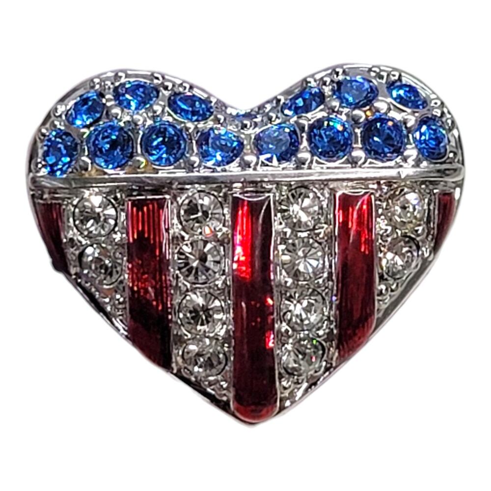 Swarovski Crystal Patriotic USA Flag Heart Lapel Pin Brooch Red White Blue Swan